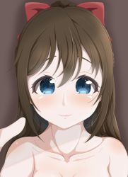 Rule 34 | 1girl, aqua eyes, artist name, artist request, bare shoulders, blue eyes, blush, bow, breasts, brown background, brown hair, cleavage, close-up, collarbone, female focus, hair between eyes, hair bow, half updo, high ponytail, highres, long hair, looking at viewer, love live!, love live! nijigasaki high school idol club, medium breasts, osaka shizuku, parted lips, pink lips, ponytail, red bow, smile, solo, upper body