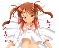 Rule 34 | 1girl, bed, breasts, brown hair, come hither, coquelicot (sakura taisen), heart, highres, looking at viewer, lying, medium hair, midriff, navel, open mouth, sailor collar, sakura taisen, sega, small breasts, solo, twintails