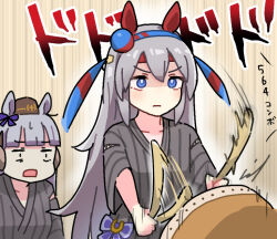 Rule 34 | 2girls, afterimage, animal ears, black kimono, blue eyes, breasts, brown headwear, closed mouth, commentary, constricted pupils, drum, drumsticks, frown, gold ship (umamusume), grey hair, hairband, hat, headband, horse ears, instrument, japanese clothes, kimono, long hair, multiple girls, music, ooishi oil, oozora naomi, open mouth, playing instrument, shaded face, small breasts, sound effects, speed lines, standing, taiko drum, taiko no tatsujin, tamamo cross (umamusume), tracen ondo outfit (umamusume), umamusume, v-shaped eyebrows, voice actor connection, wide-eyed