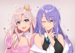 Rule 34 | 2girls, absurdres, beige background, blonde hair, breasts, cleavage, cleavage cutout, clothing cutout, colored inner hair, crown hair ornament, fingerless gloves, flower, gloves, gradient hair, hair between eyes, hair bun, hair flower, hair ornament, highres, hololive, hololive indonesia, indie virtual youtuber, jacket, lazycoffee (wyen iscordo), lyrica (vtuber), medium breasts, moona hoshinova, multicolored hair, multiple girls, off shoulder, open mouth, pink gloves, pink hair, purple eyes, purple hair, purple jacket, single hair bun, smile, upper body, virtual youtuber