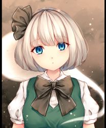 Rule 34 | 1girl, bad id, bad pixiv id, black background, black border, blue eyes, border, bow, breasts, brown background, buttons, chiyu (kumataro0x0), closed mouth, collar, commentary request, dress, gradient background, green dress, grey bow, grey hairband, grey neckwear, hair between eyes, hairband, konpaku youmu, konpaku youmu (ghost), looking at viewer, medium breasts, puffy short sleeves, puffy sleeves, shirt, short hair, short sleeves, silver hair, solo, touhou, upper body, white collar, white shirt, white sleeves