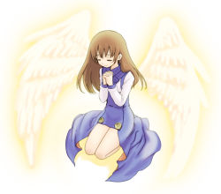 Rule 34 | 1girl, amer, brown eyes, brown hair, closed eyes, long hair, own hands clasped, own hands together, seiza, shirojiro shiro, sitting, smile, solo, summon night, summon night 2, wings