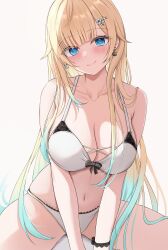 1girl 7nopi absurdres aizawa_ema bikini blonde_hair blue_eyes blue_hair blunt_bangs blush bow bow_bikini breasts cat_earrings cleavage commentary cross-laced_bikini cross-laced_clothes earrings flower gradient_hair hair_flaps hair_flower hair_ornament head_tilt highres jewelry lace lace-trimmed_bikini lace_trim large_breasts long_hair looking_at_viewer multicolored_hair navel simple_background sitting smile solo spread_legs swimsuit v_arms very_long_hair virtual_youtuber vspo! white_background white_bikini wristband