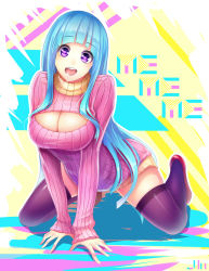 Rule 34 | 1girl, :d, all fours, blue hair, breasts, cleavage, cleavage cutout, clothing cutout, copyright name, heart, heart-shaped pupils, jurrig, large breasts, leaning forward, long hair, looking at viewer, me!me!me!, meme (me!me!me!), meme attire, open-chest sweater, open mouth, purple eyes, ribbed sweater, saliva, smile, solo, sweater, symbol-shaped pupils, thighhighs, turtleneck, very long hair