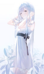 Rule 34 | 1girl, absurdres, black sash, blush, closed mouth, commentary, dress, eyelashes, grey eyes, hair between eyes, hair over shoulder, hands up, highres, long hair, looking at viewer, looking to the side, neiless neiro, original, plant, sash, silver hair, sleeveless, sleeveless dress, solo, very long hair, white dress