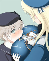 Rule 34 | 10s, 2girls, age difference, atago (kancolle), bad id, bad pixiv id, between breasts, blonde hair, blue eyes, blush, breast smother, breasts, child, eko, face to breasts, gloves, grabbing, grabbing another&#039;s breast, hat, head between breasts, kantai collection, large breasts, long hair, multiple girls, onee-loli, personification, sailor hat, short hair, silver hair, yuri, z1 leberecht maass (kancolle)