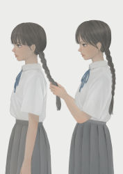 Rule 34 | 2girls, absurdres, blue neckwear, braid, braiding hair, brown hair, closed mouth, cobachi, collared shirt, commentary request, cowboy shot, expressionless, from side, grey background, grey eyes, grey skirt, hairdressing, hand in another&#039;s hair, highres, lips, long hair, multiple girls, neck ribbon, original, pleated skirt, profile, ribbon, school uniform, shirt, short sleeves, simple background, single braid, skirt, white shirt