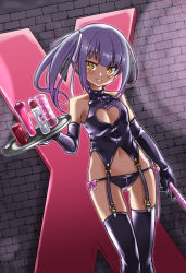Rule 34 | 1girl, artificial vagina, bare shoulders, black gloves, black panties, black thighhighs, blunt bangs, blush, bondage outfit, bow, brick wall, buckle, candle, cleavage cutout, clothing cutout, dildo, dominatrix, dutch angle, elbow gloves, feet out of frame, flat chest, garter straps, gin (shioyude), gloves, gluteal fold, heart, heart-shaped pupils, holding, holding tray, holding whip, indoors, kantai collection, kasumi (kancolle), long hair, panties, parted lips, pink bow, purple hair, sex toy, side ponytail, sidelocks, smile, solo, standing, symbol-shaped pupils, thighhighs, tray, underwear, yellow eyes