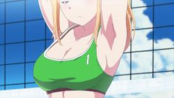 Rule 34 | 10s, 1girl, animated, animated gif, armpits, arms up, bikini, bikini under clothes, blonde hair, breasts, cleavage, closed eyes, cloud, exercising, harukana receive, medium breasts, sports bra, swimsuit, thomas claire
