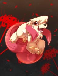 brown_eyes claws digimon digimon_(creature) digimon_survive dog facial_mark falling_petals fangs flower heavymetalpapi highres labramon looking_at_viewer open_mouth petals pink_fur red_flower running sharp_teeth smile solo spider_lily teeth two-tone_fur