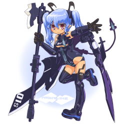 Rule 34 | 10s, axe, bad id, bad pixiv id, blue hair, busou shinki, dd (ijigendd), doll joints, joints, mecha musume, red eyes, smile, solo, thighhighs, valona, varona, weapon, wings
