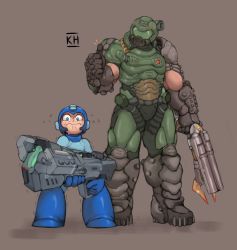 Rule 34 | 2boys, android, armor, armored boots, blue eyes, boots, crossover, doom (series), doomguy, double-barreled shotgun, flying sweatdrops, full body, gun, heavy, helmet, highres, holding, holding weapon, huge weapon, kelvin hiu, male focus, mega man (character), mega man (classic), mega man (series), multiple-barrel firearm, multiple boys, sawed-off shotgun, shotgun, side-by-side-barreled shotgun, skindentation, thumbs up, wavy mouth, weapon