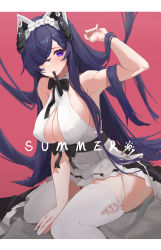 Rule 34 | 1girl, absurdres, august von parseval (azur lane), august von parseval (the conquered unhulde) (azur lane), azur lane, black bow, black dress, black ribbon, bow, breasts, cleavage, covered erect nipples, cross-laced clothes, cross-laced dress, curled horns, dress, garter straps, hair over one eye, highres, horns, large breasts, long hair, maid headdress, mechanical horns, mouth hold, official alternate costume, pink background, purple eyes, purple hair, ribbon, simple background, sleeveless, sleeveless dress, summer (724788381), thighhighs, very long hair, white dress, white garter straps, white thighhighs
