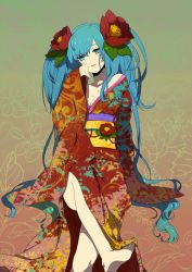 Rule 34 | 1girl, aqua eyes, aqua hair, camellia, flower, hair flower, hair ornament, hatsune miku, highres, japanese clothes, kimono, kurono yuu, lips, lipstick, long hair, makeup, nail polish, solo, twintails, very long hair, vocaloid