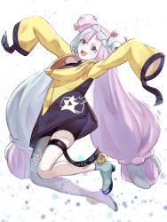 Rule 34 | 1girl, :d, black shorts, boots, character hair ornament, commentary request, creatures (company), full body, game freak, green hair, grey footwear, grey pantyhose, hair ornament, highres, iono (pokemon), jacket, long hair, multicolored hair, nintendo, open mouth, outstretched arms, pantyhose, pokemon, pokemon sv, purple hair, sharp teeth, shorts, single leg pantyhose, sleeves past fingers, sleeves past wrists, smile, solo, teeth, thigh strap, tomaton (t 0), tongue, twintails, two-tone hair, upper teeth only, yellow jacket