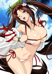 Rule 34 | 1girl, bare shoulders, bikini, blue sky, blush, breasts, brown eyes, brown hair, cleavage, collarbone, eyewear on head, fate/grand order, fate (series), hair ornament, large breasts, long hair, looking at viewer, navel, one eye closed, open clothes, open mouth, robe, sky, smile, solo, sunglasses, swimsuit, thighs, twintails, very long hair, white bikini, yu mei-ren (fate), yu mei-ren (swimsuit lancer) (fate), yukiyanagi