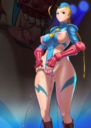 Rule 34 | 1990s (style), absurdres, anus, bad anatomy, blonde hair, braid, breasts, cammy white, capcom, clitoris, cosine, gloves, green eyes, highres, leotard, nipples, peeing, pubic hair, pussy, retro artstyle, revealing clothes, street fighter, street fighter zero (series), twin braids, uncensored, urethra