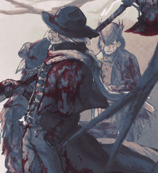 Rule 34 | 1girl, 2boys, axe, bandages, bandaged arm, bandages, beard, blood, blood in hair, blood on clothes, blood on hands, bloodborne, bloody bandages, bloody weapon, cape, cloak, closed mouth, coat, commentary request, covered eyes, djura (bloodborne), eileen the crow, facial hair, father gascoigne, from side, hand in pocket, hat, highres, holding, holding axe, holding weapon, long coat, mask, multiple boys, one eye covered, sakuramochi920, scarf, short hair, tricorne, weapon, white hair