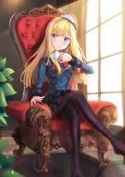 Rule 34 | &gt;:), 1girl, absurdres, armchair, black pantyhose, black skirt, blonde hair, blue coat, blue eyes, blurry, blurry foreground, blush, chair, closed mouth, coat, commentary request, cup, day, depth of field, fate (series), feet out of frame, hat, highres, holding, holding cup, holmemee, indoors, layered skirt, long hair, long sleeves, lord el-melloi ii case files, no shoes, on chair, pantyhose, pleated skirt, reines el-melloi archisorte, sitting, skirt, smile, solo, sunlight, teacup, tile floor, tiles, tilted headwear, v-shaped eyebrows, very long hair, white hat, window