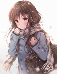 Rule 34 | 1girl, bag, blue coat, blush, brown eyes, brown hair, coat, commentary, enpera, eyebrows, gradient background, hair between eyes, hair ornament, hairclip, higeneko, long hair, matching hair/eyes, md5 mismatch, original, parted lips, plaid, plaid scarf, resolution mismatch, revision, scarf, school bag, sleeves past wrists, snowflakes, solo, source larger