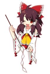 Rule 34 | 1girl, bad id, bad pixiv id, bow, brown hair, detached sleeves, female focus, gohei, hair bow, hakurei reimu, japanese clothes, kiri futoshi, miko, red eyes, solo, touhou, undefined fantastic object, white background, wink