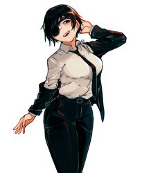 1girl arm_behind_back black_hair black_jacket black_necktie black_pants blupixl breasts chainsaw_man collared_shirt eyepatch formal highres himeno_(chainsaw_man) jacket jacket_partially_removed large_breasts looking_to_the_side necktie open_mouth pants shirt shirt_tucked_in short_hair simple_background smile solo suit suit_jacket thick_thighs thighs white_background white_shirt