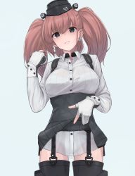 Rule 34 | 1girl, absurdres, atlanta (kancolle), black footwear, black hat, black skirt, blush, boots, breasts, brown hair, clothes lift, cowboy shot, dress shirt, earrings, embarrassed, enri (enriko683), garrison cap, garter straps, gloves, grey eyes, hand in own hair, hat, high-waist skirt, highres, jewelry, kantai collection, large breasts, lifting own clothes, long hair, long sleeves, looking at viewer, partially fingerless gloves, shirt, simple background, skirt, skirt lift, solo, star (symbol), star earrings, suspender skirt, suspenders, thigh boots, thigh strap, thighhighs, two side up, white background, white gloves, white shirt
