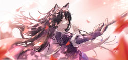 Rule 34 | 1girl, animal ears, arknights, autumn leaves, beads, black hair, dog ears, dog girl, elbow gloves, fingerless gloves, from side, gloves, hair strand, hands up, highres, holding, holding weapon, japanese clothes, kimono, long hair, looking at viewer, looking to the side, messy hair, multicolored eyes, parted bangs, parted lips, polearm, purple gloves, purple kimono, saga (arknights), short sleeves, sidelocks, solo, upper body, very long hair, weapon, wristband, yuan long