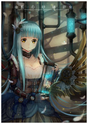 Rule 34 | 1girl, aqua hair, bad id, bad pixiv id, breasts, broken, cleavage, collar, corset, dress, feather hair ornament, feathers, frown, gears, hair ornament, haneru, highres, hourglass, long hair, machinery, mechanical arms, original, single mechanical arm, solo, steampunk, translation request, very long hair, watch, wristwatch, yellow eyes