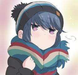 Rule 34 | 1girl, blue hair, blush, breath, clenched hand, commentary request, core (mayomayo), gradient background, hand up, looking at viewer, multicolored clothes, multicolored headwear, multicolored scarf, no mouth, purple eyes, scarf, shadow, shima rin, simple background, smug, solo, star (symbol), striped clothes, striped headwear, striped scarf, upper body, woollen cap, yurucamp