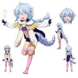 Rule 34 | 1girl, blue eyes, blue hair, blush, dragon girl, dragon tail, fa (rpg fudousan), full body, highres, multiple views, navel, ponytail, rpg fudousan, simple background, smile, tail