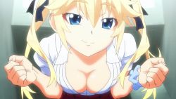 Rule 34 | 10s, 1girl, animated, animated gif, blonde hair, blue eyes, breast press, breasts squeezed together, breasts, cleavage, downblouse, grisaia (series), grisaia no rakuen, large breasts, long hair, matsushima michiru, naughty face, smile, solo, teasing, twintails