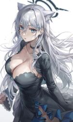 Rule 34 | 1girl, aibek, black choker, black dress, blue archive, blue eyes, breasts, choker, cleavage, collarbone, cross hair ornament, dress, gradient background, grey background, hair between eyes, hair ornament, halo, highres, large breasts, long sleeves, looking at viewer, parted lips, shiroko (blue archive), shiroko terror (blue archive), short hair, solo, sweat, thighs, white hair