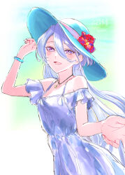 Rule 34 | 1girl, 2023, :d, absurdres, bare arms, bare shoulders, blue hat, blush, bracelet, dated, dress, flower, grey dress, gundam, gundam suisei no majo, hair between eyes, hat, hat flower, hat ribbon, highres, jewelry, long hair, looking at viewer, miorine rembran, necklace, open mouth, pink ribbon, pov, purple eyes, red flower, ribbon, sketch, smile, solo, sun hat, sundress, very long hair, white hair, yuri kyanon