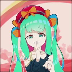 Rule 34 | 1girl, absurdly long hair, anniversary, aqua eyes, aqua hair, artist name, artist request, bare shoulders, blue eyes, blue hair, blue shirt, blue sweater, bow, female focus, hand grab, hat, hatsune miku, highres, holding, jewelry, long hair, nail, nail polish, orange bow, pink nails, red hat, ring, shirt, skull, smile, solo, sweater, tattoo, teeth, twintails, very long hair, vocaloid