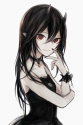 Rule 34 | 1girl, bare arms, bare shoulders, black dress, black hair, black nails, commentary request, dress, fingernails, grey background, hair between eyes, hand up, hasunokaeru, horns, jewelry, long hair, nail polish, original, parted lips, pointy ears, red eyes, ring, sleeveless, sleeveless dress, solo, very long hair