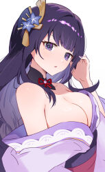 Rule 34 | 1girl, bare shoulders, blunt bangs, braid, breasts, cleavage, enipa 28, genshin impact, hair ornament, hand up, highres, japanese clothes, large breasts, long hair, looking at viewer, looking to the side, mole, mole under eye, off shoulder, purple eyes, purple hair, purple nails, raiden shogun, simple background, single braid, solo, white background