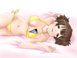 Rule 34 | bikini, brown eyes, brown hair, cellphone, digital media player, eunos, iphone, ipod, ipod touch, k-on!, lying, object in clothes, object in swimsuit, on side, phone, short hair, short twintails, smartphone, suzuki jun, swimsuit, twintails