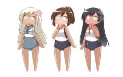 Rule 34 | 0 0, 3girls, black hair, blonde hair, brown hair, chibi, commentary request, crop top, flower, full body, grey one-piece swimsuit, grey sailor collar, hair flower, hair ornament, hairclip, headgear, highres, i-400 (kancolle), i-401 (kancolle), kantai collection, multiple girls, nanakusa suzuna, one-piece swimsuit, one-piece tan, orange sailor collar, ponytail, ro-500 (kancolle), sailor collar, sailor shirt, school swimsuit, shirt, short hair, short ponytail, side-tie shirt, standing, swimsuit, swimsuit under clothes, tan, tanline