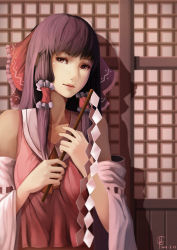 Rule 34 | 1girl, absurdres, ascot, brown eyes, brown hair, dated, detached sleeves, diandianzai, gohei, hair ornament, hair ribbon, hair tubes, hakurei reimu, highres, japanese clothes, lips, long hair, long sleeves, looking at viewer, miko, realistic, ribbon, shirt, signature, smile, solo, touhou, upper body, wide sleeves