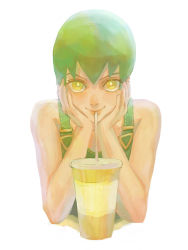 Rule 34 | 1girl, absurdres, bright pupils, cup, drinking, drinking straw, foo fighters (jojo), green hair, green overalls, highres, jojo no kimyou na bouken, kiirou (yellowu), short hair, simple background, smile, solo, stone ocean, white background, white pupils, yellow eyes