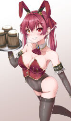 Rule 34 | 1girl, alternate costume, animal ears, ascot, bare shoulders, beer mug, black thighhighs, blush, breasts, covered navel, cropped vest, cup, detached collar, earrings, elbow gloves, fake animal ears, foam, gloves, gold trim, grin, hairband, heterochromia, highres, holding, holding tray, hololive, houshou marine, jewelry, large breasts, leotard, long hair, mug, playboy bunny, rabbit ears, red ascot, red eyes, red hair, smile, solo, teeth, thighhighs, tray, twintails, ver.5, vest, virtual youtuber, wooden cup, yellow eyes