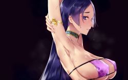 Rule 34 | 1girl, armpits, arms up, bad id, bad pixiv id, bare shoulders, bikini, black background, breasts, eyepatch bikini, fate/grand order, fate (series), from side, highres, ichinosenen, large breasts, long hair, looking at viewer, minamoto no raikou (fate), minamoto no raikou (fate/grand order), minamoto no raikou (swimsuit lancer) (fate), parted lips, purple bikini, purple eyes, purple hair, simple background, solo, swimsuit, tsurime, upper body, very long hair, wet