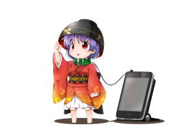 Rule 34 | 1girl, apple inc., bowl, bowl hat, cellphone, cellphone charm, charm (object), collar, fukaiton, hat, iphone, japanese clothes, kimono, leash, long sleeves, mini person, minigirl, obi, open mouth, phone, purple hair, red eyes, sash, simple background, smartphone, solo, sukuna shinmyoumaru, touhou, white background