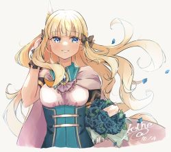 Rule 34 | 1girl, absurdres, black bow, blonde hair, blunt bangs, blush, bouquet, bow, breasts, dress, elf, falling petals, flower, green dress, grin, hair bow, hair ornament, highres, keinesandayoooo, large breasts, looking to the side, petals, pointy ears, princess connect!, saren (princess connect!), sidelocks, simple background, smile, solo, underbust, white background