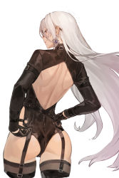Rule 34 | 1girl, absurdres, arms behind back, back, backless outfit, black gloves, commission, controlline3, cowboy shot, cropped legs, dungeon and fighter, earrings, female slayer (dungeon and fighter), from behind, garter straps, gloves, highres, jewelry, leotard, long hair, silver hair, simple background, solo, spectre (dungeon and fighter), thighhighs, white background