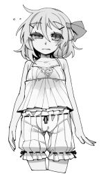 Rule 34 | 1girl, bare arms, bloomers, blush, bow, closed mouth, cowboy shot, cropped legs, greyscale, hair between eyes, hair bow, hair ornament, hairclip, looking at viewer, monochrome, navel, rumia, shamo (koumakantv), short hair, simple background, slit pupils, solo, touhou, underwear, white background