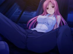 Rule 34 | 1girl, ahoge, arm support, bare shoulders, blush, brown eyes, closed mouth, collarbone, daria, dutch angle, covered erect nipples, female focus, game cg, hyoui henshin extra souls, long hair, night, pink hair, shirt, sitting, sleeveless, sleeveless shirt, solo, spread legs, white shirt