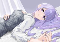 Rule 34 | 1girl, bed sheet, blush, breasts, cleavage, cleavage cutout, clothing cutout, curtains, dress, grey dress, hair spread out, highres, idolmaster, idolmaster shiny colors, light smile, long hair, long sleeves, looking at viewer, lying, on back, pinafore dress, purple eyes, purple hair, shirt, sleeveless, sleeveless dress, solo, suzuki hana, very long hair, white shirt, yodaren (sgwa4372)