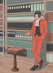 Rule 34 | 1boy, 23011620x, ace attorney, ascot, black footwear, black vest, book, bookshelf, chess piece, chessboard, closed mouth, formal, full body, grey eyes, grey hair, hair intakes, highres, indoors, jacket, knight (chess), ladder, long sleeves, male focus, miles edgeworth, pants, pawn (chess), red jacket, red pants, red suit, rook (chess), shoes, short hair, solo, standing, suit, vest, wooden floor